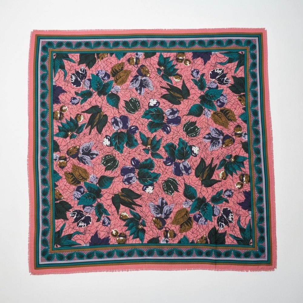 Vintage Style Floral Botanical Square Scarf Pink Teal Purple Eyelash Fringe